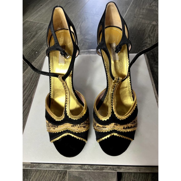 Prada Strappy Sandals black satin gold python heels 40.5 10.5 - Picture 2 of 11